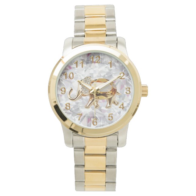 Gold Elephant Faux Diamond glitter juweel glam Horloge (Voorkant)