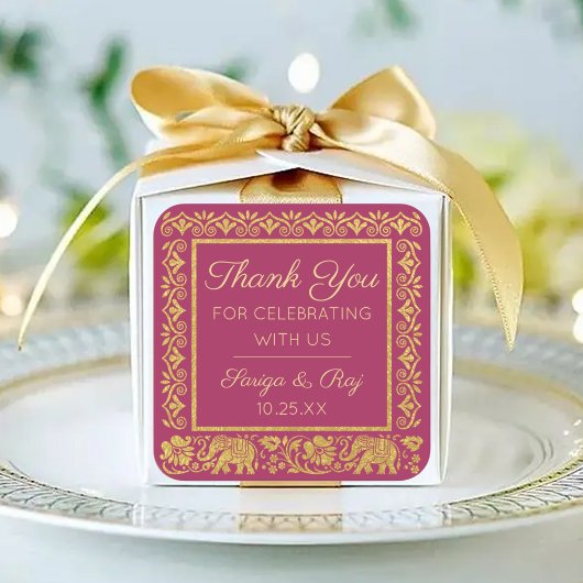 Gold Elephant & Lotus Wedding Retour Gift Favoriet Vierkante Sticker