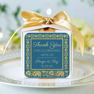 Gold Elephant & Lotus Wedding Retour Gift Favoriet Vierkante Sticker