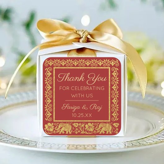 Gold Elephant & Lotus Wedding Retour Gift Favoriet Vierkante Sticker