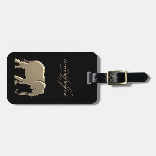 Gold Elephant Monogrammed Chic Zwart Bagagelabel (Voorkant horizontaal)