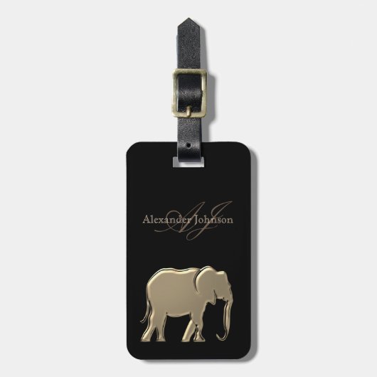 Gold Elephant Monogrammed Chic Zwart Bagagelabel (Voorkant verticaal)