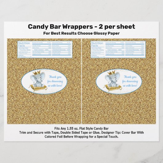 Gold Elephant Prince Baby shower Snoep Bar Wrapper Flyer (Voorkant)