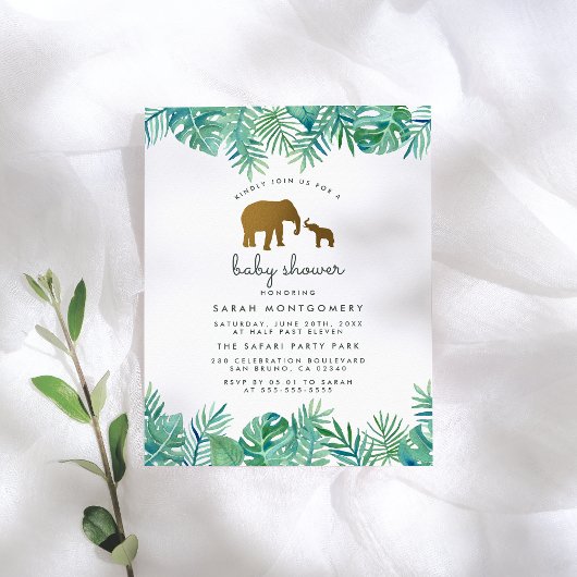 Gold Elephant & Tropical Leaves Oerwoud Baby showe Uitnodiging Briefkaart