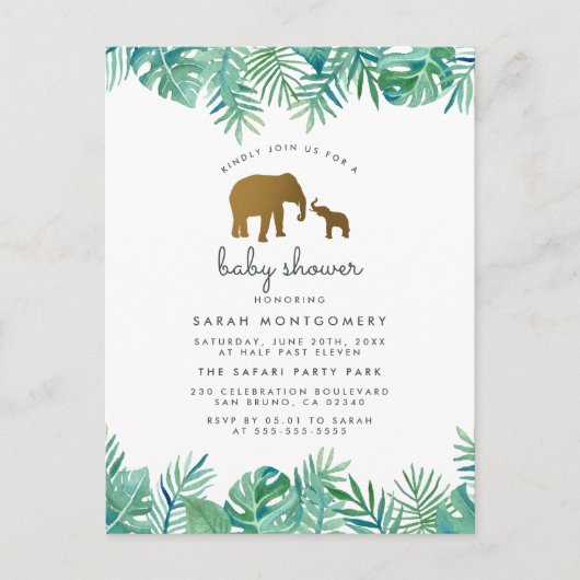 Gold Elephant & Tropical Leaves Oerwoud Baby showe Uitnodiging Briefkaart (Voorkant)