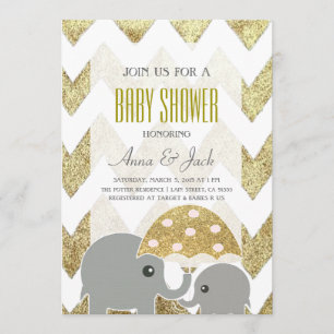 Gold Elephant Umbrella Baby shower Party Invite Kaart