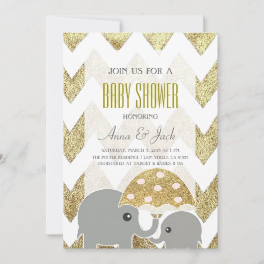 Gold Elephant Umbrella Baby shower Party Uitnodige Kaart (Voorkant)
