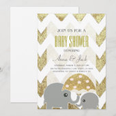 Gold Elephant Umbrella Baby shower Party Uitnodige Kaart (Voorkant / Achterkant)