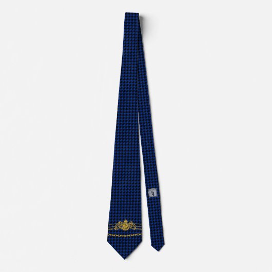Gold Emblem Chain Trim Black Blue Houndstooth Stropdas (Voorkant)