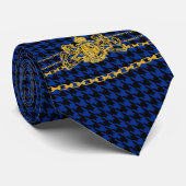 Gold Emblem Chain Trim Black Blue Houndstooth Stropdas (Opgerold)