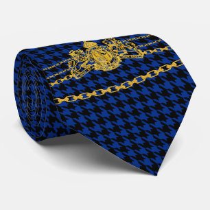 Gold Emblem Chain Trim Black Blue Houndstooth Stropdas