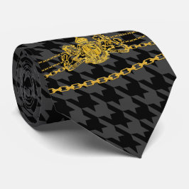 Gold Emblem Chain Trim Black Grey Houndstooth Stropdas