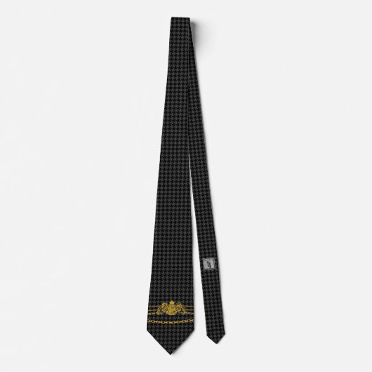 Gold Emblem Chain Trim Black Grey Houndstooth Stropdas (Voorkant)