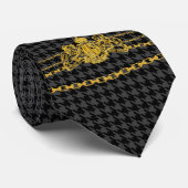 Gold Emblem Chain Trim Black Grey Houndstooth Stropdas (Opgerold)