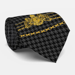 Gold Emblem Chain Trim Black Grey Houndstooth Stropdas