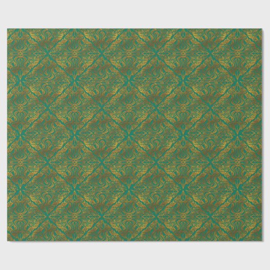 Gold Embossed Oriental Pattern on Green Cadeaupapier (Vlak)