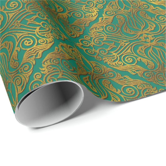 Gold Embossed Oriental Pattern on Green Cadeaupapier (Rol Hoek)