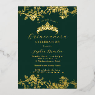 Gold Emerald  Elegant Quinceanera Folie Uitnodiging