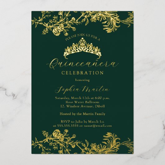 Gold Emerald Elegant Quinceanera Folie Uitnodiging (Voorkant)