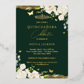 Gold Emerald Floral Lace Quinceanera Birthday Folie Uitnodiging (Voorkant)