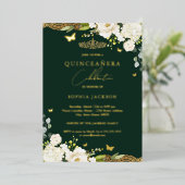 Gold Emerald Floral Lace Quinceanera Birthday Folie Uitnodiging (Staand Voorkant)