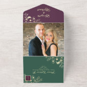 Gold Emerald Green en Paarse foto's bruiloft All In One Uitnodiging (Buitenkant)