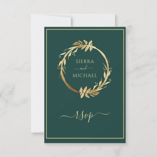 Gold Emerald Green Eucalyptus Wreath Wedding RSVP Kaartje (Voorkant)