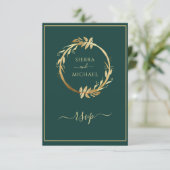 Gold Emerald Green Eucalyptus Wreath Wedding RSVP Kaartje (Staand voorkant)