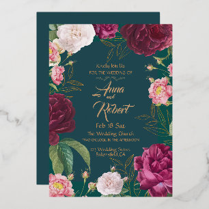 Gold & Emerald Green Floral Wedding Folie Uitnodiging