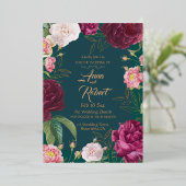 Gold & Emerald Green Floral Wedding Folie Uitnodiging (Staand Voorkant)