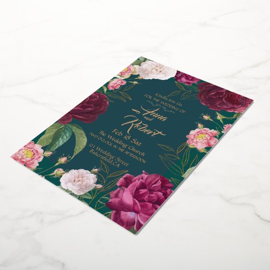 Gold & Emerald Green Floral Wedding Folie Uitnodiging (Gedraaid)