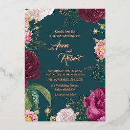 Gold & Emerald Green Floral Wedding Folie Uitnodiging