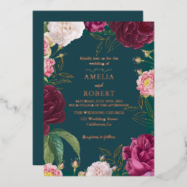 Gold & Emerald Green Floral Wedding Folie Uitnodiging