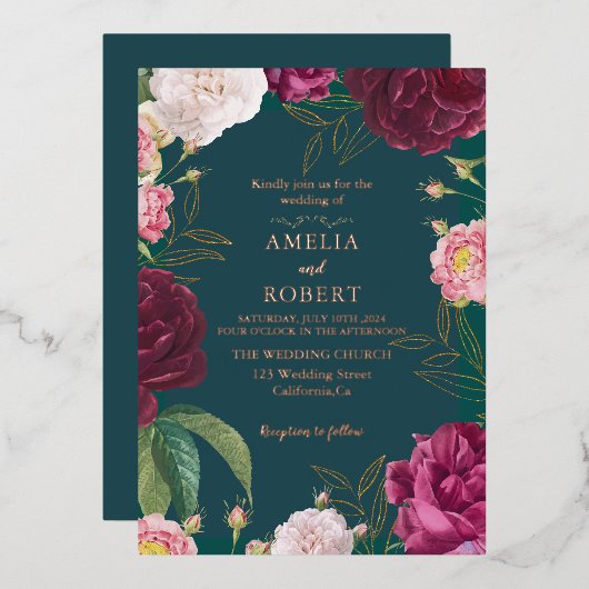 Gold & Emerald Green Floral Wedding Folie Uitnodiging (Voorkant / Achterkant)