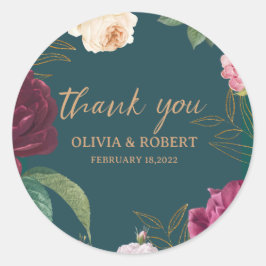 Gold & Emerald Green Floral Wedding Ronde Sticker