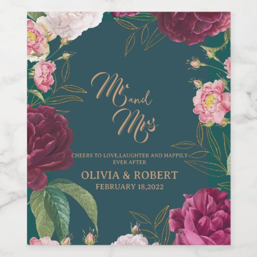 Gold & Emerald Green Floral Wedding Wijn Etiket (Enkel label)
