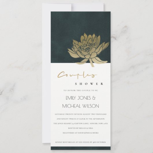 GOLD EMERALD GREEN LOTUS FLORAL COUPLY SHOWER KAART (Voorkant)