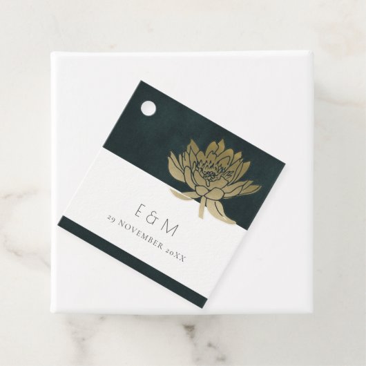 GOLD EMERALD GREEN LOTUS FLORAL MONOGRAM WEDING BEDANKJES LABELS (In situ)