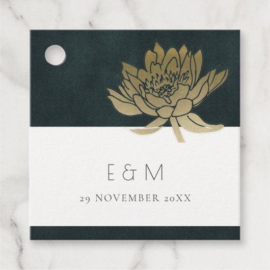 GOLD EMERALD GREEN LOTUS FLORAL MONOGRAM WEDING BEDANKJES LABELS (Voorkant)