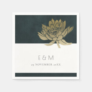 GOLD EMERALD GREEN LOTUS FLORAL MONOGRAM WEDING SERVET