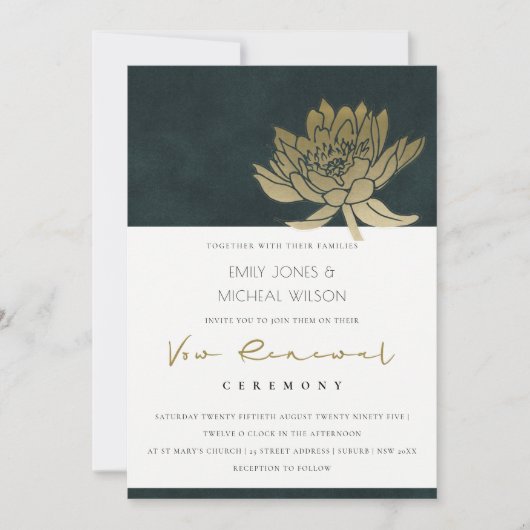 GOLD EMERALD GREEN LOTUS FLORAL VOW RENEWAL INVITE BEDANKKAART (Voorkant)
