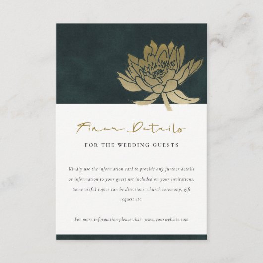 GOLD EMERALD GREEN LOTUS FLORAL WEDDING DETAILS INFORMATIEKAARTJE (Voorkant)