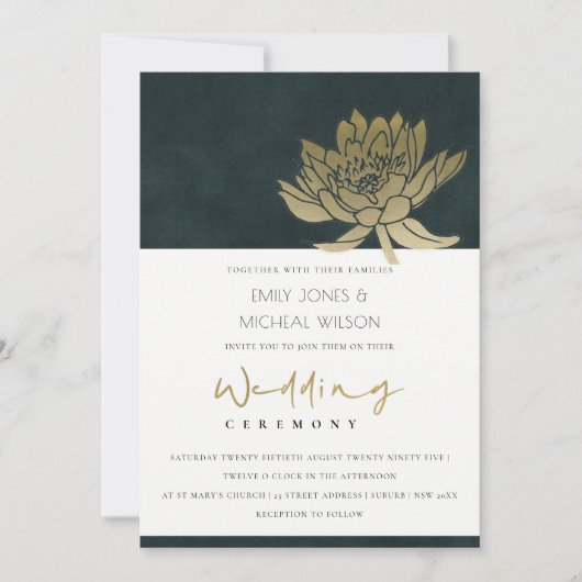 GOLD EMERALD GREEN LOTUS FLORAL WEDDING INVITE BEDANKKAART (Voorkant)