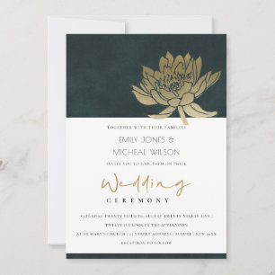 GOLD EMERALD GREEN LOTUS FLORAL WEDDING INVITE BEDANKKAART