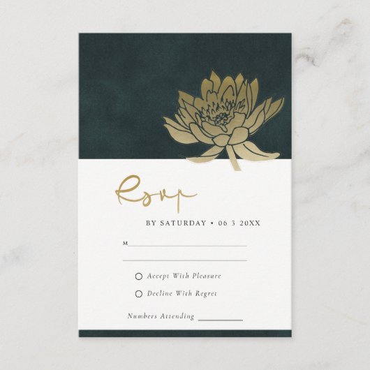 GOLD EMERALD GREEN LOTUS FLORAL WEDDING RSVP INFORMATIEKAARTJE (Voorkant)
