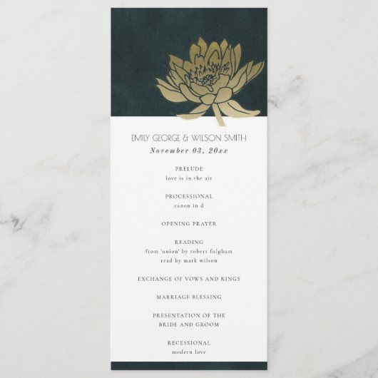 GOLD EMERALD GREEN LOTUS WEDDING CEREMONY PROGRAMM MENU (Voorkant)