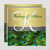 Gold & Emerald Green Peacock Wedding Invitations Kaart (Voorkant / Achterkant)