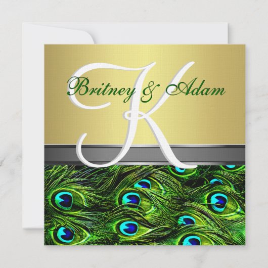Gold & Emerald Green Peacock Wedding Invitations Kaart (Voorkant)