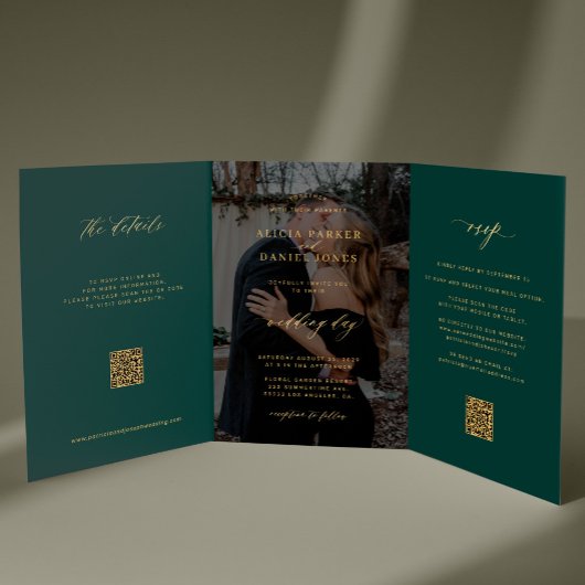 Gold emerald green photo wedding RSVP details QR Drieluik Uitnodiging