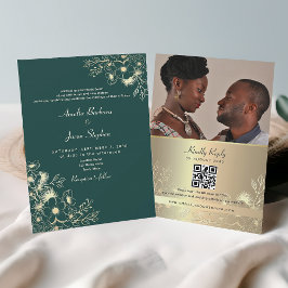 Gold Emerald Green QR Code Wedding Kaart